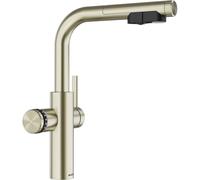 BLANCO CHOICE Icona-L | Grifo de cocina todo en uno de acero inoxidable satinado dorado, no incluye unidad de tratamiento de agua CHOICE.ALL, agua fría en silencio, medio, burbujeante y caliente
