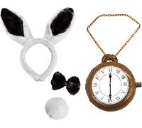 Blanco Conejo Orejas + PAJARITA + COLA + JUMBO CLOCK Disfraz de carnaval Set