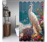 Blanco Cortina Ducha 100 x 180 cm, Cortina de Ducha Pavo Real Cortinas de Baño Poliester Lavable con 12 Anillas, Dobladillo Ponderado Shower Curtain para Familia, Bañeras y Cuartos de Baño -ly25072UB