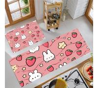 Blanco Juego de Alfombras de Cocina de 2 Piezas, Alfombras de Conejo Fresa Estrella, Antideslizantes Estilo De Dibujos Animados Tapetes de Cocina para Pasillo Entrada Lavandería, 40x60cm+40x120 cm