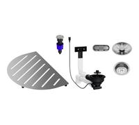 BLANCO Juego de componentes OOVALON en acero inoxidable cepillado | TopGrid, desagüe con tubo de ahorro de espacio y válvula de cesta InFino, con PushControl, juego de accesorios para fregadero