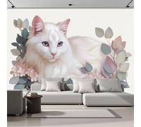 Blanco Papel Pintado Seda Fotográfico 350x256cm, Mural De Pared Panorámico Gato Blanco Entre Flores, Animales De Acuarela De Ensueño Póster Grande Para Salón Decor Del Hogar Y Pared