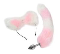 (Blanco rosa) Tapón anal de cola de conejo esponjoso, bonito juego de aro para orejas de gato para cosplay,