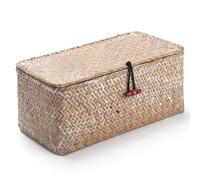 Blanco Seagrass Cestas Mimbre Decoración Cesto de Almacenaje con Tapa Rectangular Tejido de Ratán Caja con Tapa (Pequeño 26cmx14cmx11cm H)