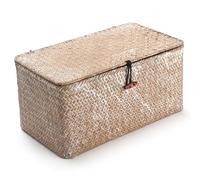 Blanco Seagrass Cestas Mimbre Decoración Cesto de Almacenaje con Tapa Rectangular Tejido de Ratán Caja con Tapa (Mediano 30cmx18cmx15cm H)