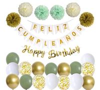 Blanco Verde Cumpleaños Decoración Set Feliz Cumpleaños Guirnalda Globos Blanco Verde Globos 6 Pompoms Decoración de Cumpleaños Niño