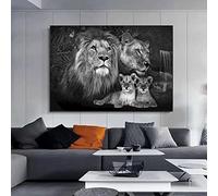 Blanco y negro Animal Wall Art Canvas Painting Baby Lion Family Posters and Prints Wall Picture for Living Room Decor 80x110cm (31x43in) Con marco