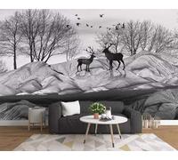 Blanco Y Negro Colinas Alces Árboles Pájaros Volando 3D Papel Pintado Pared Fácil Instalación Oficina Sala Estar Sofá Dormitorio TV Fondos Decoración-150cm×105cm