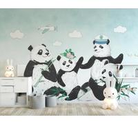 Blanco Y Negro Dibujos Animados Panda Avión Nubes Blancas 3D Papel Pintado Pared Fácil Instalación Oficina Sala Estar Sofá Dormitorio TV Fondos Decoración-300cm×210cm