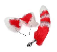 (Blanco y rojo) Tapón anal de cola de conejo esponjoso, bonito juego de aro para orejas de gato para