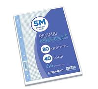 Blasetti Repuestos Reforzados - Paquete de 40 hojas cuadriculadas formato A4, Rayado 4M (4mm), hojas de repuesto para archivadores y carpetas de anillas, hojas de papel recargables de 80gr