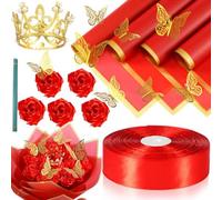 BLASHRD 74 Piezas de Ramo de Rosas Artificiales para Hacer Mismo, Ramo de Flores de Cinta Falsa, Cinta de Satén de 1-1/2 Pulgada, Papel de Regalo con Borde Dorado, Color Rojo