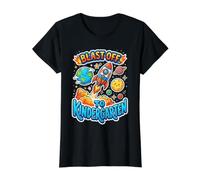 Blast Off To Kindergarten First Day of School Camiseta gráfica económica, Mujer, Negro, XS