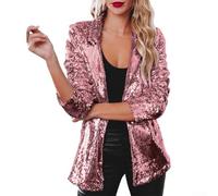 Blazer brillante para mujer, chaqueta de manga larga con lentejuelas para fiesta, noche, otoño, invierno, rave, con cuello de solapa, ropa de calle de moda, estilo cárdigan (XL, rojo rosa)