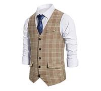 Blazer Chaleco de traje de cuadros para hombre, de corte regular, chaleco de tweed vintage, chaleco deportivo para exterior, invierno, sin mangas, de una sola fila, cuello en V, para negocios