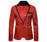 Blazer de lentejuelas para hombre, ajustado, con un botón, metálico, traje de discoteca, chaqueta brillante, boda, fiesta, banquete, esmoquin de moda para hombres y adultos (rojo, S)
