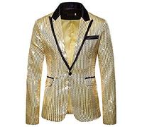 Blazer de lentejuelas para hombre, delgado, con un botón, metálico, traje de discoteca, chaqueta brillante, boda, fiesta, banquete, esmoquin de moda para hombres y adultos (dorado, M)