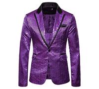 Blazer de lentejuelas para hombre, delgado, con un botón, metálico, traje de discoteca, chaqueta brillante, boda, fiesta, banquete, esmoquin de moda para hombres y adultos (morado, XL)