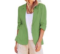 Blazer de lino de verano 2025 para mujer, ligero, manga fruncida, elástica, totalmente forrada, chaqueta de trabajo casual con bolsillos, chaquetas de lino para mujer, chaqueta de trabajo elástica con