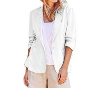 Blazer de lino para mujer con frente abierto Casual Solapa Blazer Color sólido suelto otoño delgado manga larga Blazer abrigo, Blanco, 5X-Large