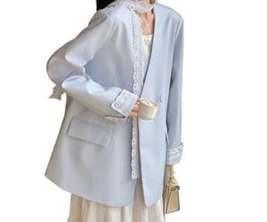 Blazer De Mujer 2026 para Negocios Casual Manga Larga Abotonado Frontal para Trabajo Oficina Elegante Y A La Moda Cuello En V con Encaje Y Cinta (Azul,M)