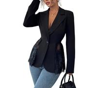 Blazer De Mujer - Blazer De Encaje para Mujer Sexy De Retazos De Malla Transparente con Peplum Elegante Ajustado De Manga Larga Chaqueta De Traje con Un Botón Abierto Al Frente para Trabajo Oficina