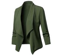 Blazer De Mujer - Blazer De Mujer Elegante Abierto con Mangas 3/4 Fruncidas Y Cuello Chal Ligero para Verano para Negocios Noche Elegante Verde Oscuro Talla XS