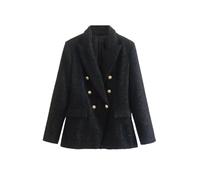 Blazer de Tweed con doble botonadura para mujer, estilo vintage, sólido, para el trabajo y la oficina, chaqueta de manga larga con bolsillo, Negro , XXL