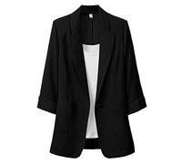 Blazer de verano para mujer de talla grande - Blazer de un botón de algodón y lino de color sólido, chaqueta de traje con bolsillos, estilo casual y ligero, manga de 3/4, blazer de oficina, Negro , L