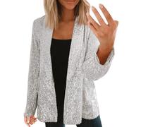 Blazer Lentejuelas Para Mujer Con Cuello Redondo Cardigan De Lentejuelas Manga Larga Cardigan Elegante De Fibra Sintética Top Bolero Para Fiesta, Invitado De Boda Abrigo 2025 Nueva Ropa, plateado, L