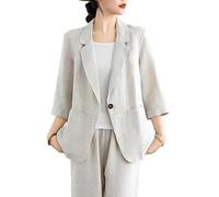 Blazer Mujer - Blazer De Lino para Mujer Manga 3/4 Solapa con Muesca Ligero para Exteriores Liso Un Botón para Oficina Trabajo Trajes con Bolsillo Abrigo Informal De Verano Transpirable Color Albar