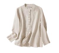 Blazer Mujer - Blazer De Lino Y Algodón De Manga Larga para Mujer Cuello Mandarín Blazers De Botonadura Sencilla Chaquetas Traje con Bolsillos De Ribete Traje Túnica Chino Abrigo Ligero De Otoño