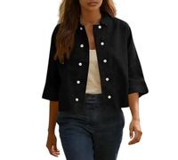 Blazer Mujer Chaqueta Cárdigans De Algodón Y Lino para Mujer Cárdigan Corto De Doble Botonadura Camisa Holgada De Manga 3/4 con Cuello Blusa Ligera De Verano Chaquetas De Lino para Mujer Ropa CAS