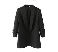 Blazer Negro Con Manga Fruncida 3/4 Para Mujer,Chaqueta De Traje Con Frente Abierto,Color Sólido,Solapa Chal,Tops,Abrigo,Cárdigan Informal,Prendas De Vestir Exteriores Con Bolsillos Para Vestidos