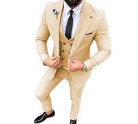 Hombres Blazer+Pantalones+Chaleco 3 Piezas Trajes Slim Fit Casual Padrinos de boda de negocios con solapa, champán, L