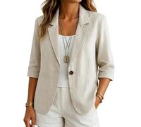 Blazer para Mujer - Blazer De Lino Y Algodón para Mujer Cárdigan Abierto con Mangas 3/4 Informal para Trabajo O Oficina Elegante Ligero para Verano con Bolsillos Ribeteados Individuales Color Alba