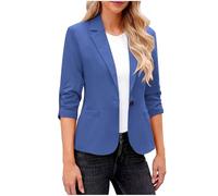 Blazer para mujer, cuello de solapa, mangas fruncidas 3/4, chaqueta de traje de un botón, cárdigan corto con bolsillos, botón para mujer, oficina, boda, uso casual, Azul 1, S