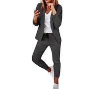 Blazer para mujer, elegante de manga larga, conjunto de Blazer, color liso, ajuste ajustado, chaqueta de oficina y pantalón largo, conjunto de trajes de oficina, gris oscuro, M