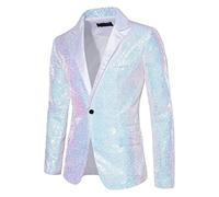 Blazers de lentejuelas brillantes para hombre, traje de esmoquin, fiesta, cena, graduación, un botón, traje oscuro, blanco, XL