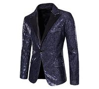 Blazers de lentejuelas brillantes para hombre, traje de esmoquin, fiesta, cena, graduación, un botón, traje oscuro, azul marino, M