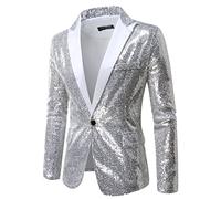 Blazers de lentejuelas brillantes para hombre, traje de esmoquin, fiesta, cena, graduación, un botón, traje oscuro, plata, L
