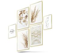 BLCKART Juego de cuadros boho beige con estilo de hierba de las Pampas de ambas caras, pastos naturales, póster decorativo para salón, 21 x 30 cm (M, 4 x A4, 2 x A5, sin marco, beige bohemio)