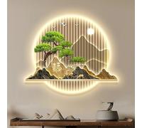 BLCKTIGR Decoración artística de Pared en 3D - LED con diseño Pino, Ciervo y el carácter Chino Fu (Fortuna); Moderno Estilo Zen la Buena Suerte Prosperidad.(C,70 * 60cm/27.56 * 23.62in)
