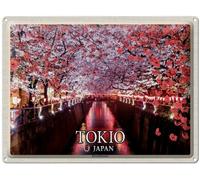 Blechemma Postal de chapa con sobre, 14 x 10 cm, vacaciones, ciudad, viajes, Tokio, Japón, festival de los cerezos, árboles y río