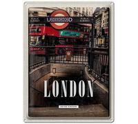 Blechemma Tarjeta postal de chapa con sobre 14 x 10 cm, vacaciones, ciudad, viajes, atracciones de Londres Inglaterra Underground Train