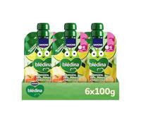 Blédina Bolsitas de Manzana, Pera, Platano y Albaricoque para Bebé. Pouch 100% Fruta, Sin Azúcares Añadidos y Alto Contenido en Vitamina C, Fuente de Fibra. Desde los 6 Meses, Pack 6x100g