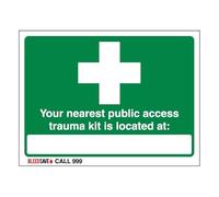 Bleedsave Señal de seguridad autoadhesiva de vinilo con texto en inglés "The Nearest Trauma Kit Is Located - Call 999 200 x 150 mm