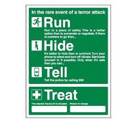 Bleedsave Señal de seguridad compuesta de aluminio de 300 x 400 mm, con texto en inglés "Run, Hide, Tell & Treat" - Kit de trauma cercano/persona a cargo, 300 x 400 mm