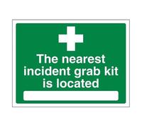 Bleedsave Señal de seguridad de plástico rígido de 200 x 150 mm, con texto en inglés "The Nearest Incident Grab Kit Is Location"