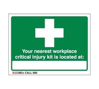 Bleedsave Señal de seguridad de plástico rígido de 200 x 150 mm, con texto en inglés "The Nearest Workplace Critical Injury Kit Is Located - Call 999 200 x 150 mm